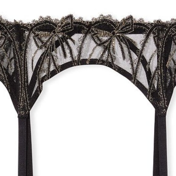 VS M/L Dream Angels Shimmer Bow Garter Belt Black and Gold Embroidery - Picture 2 of 5